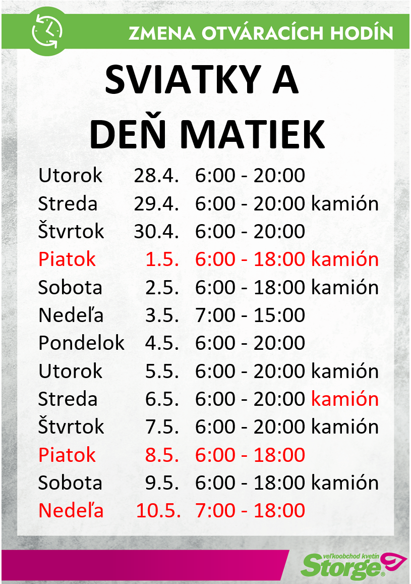 ZMENA OTVÁRACÍCH HODÍN POČAS SVIATKOV A NA DEŇ MATIEK